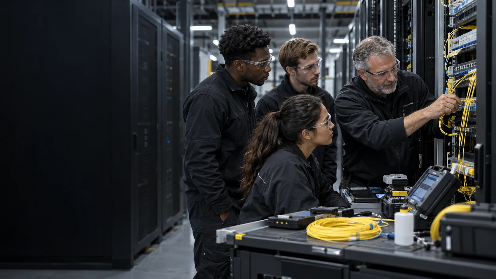 Senior data center engineer leading hands-on fiber and rack commissioning training
