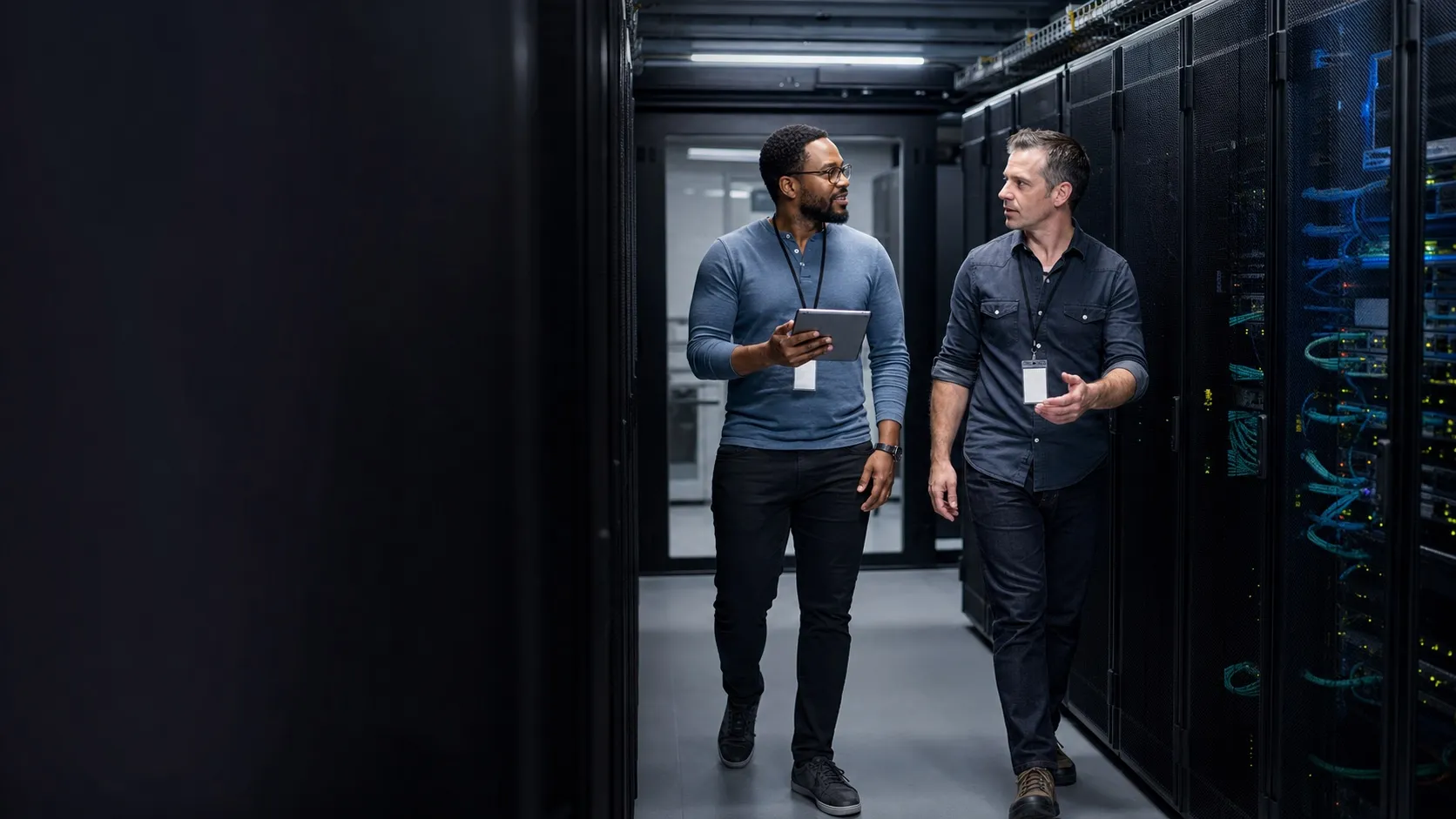Two infrastructure engineers walking through a modern data center aisle