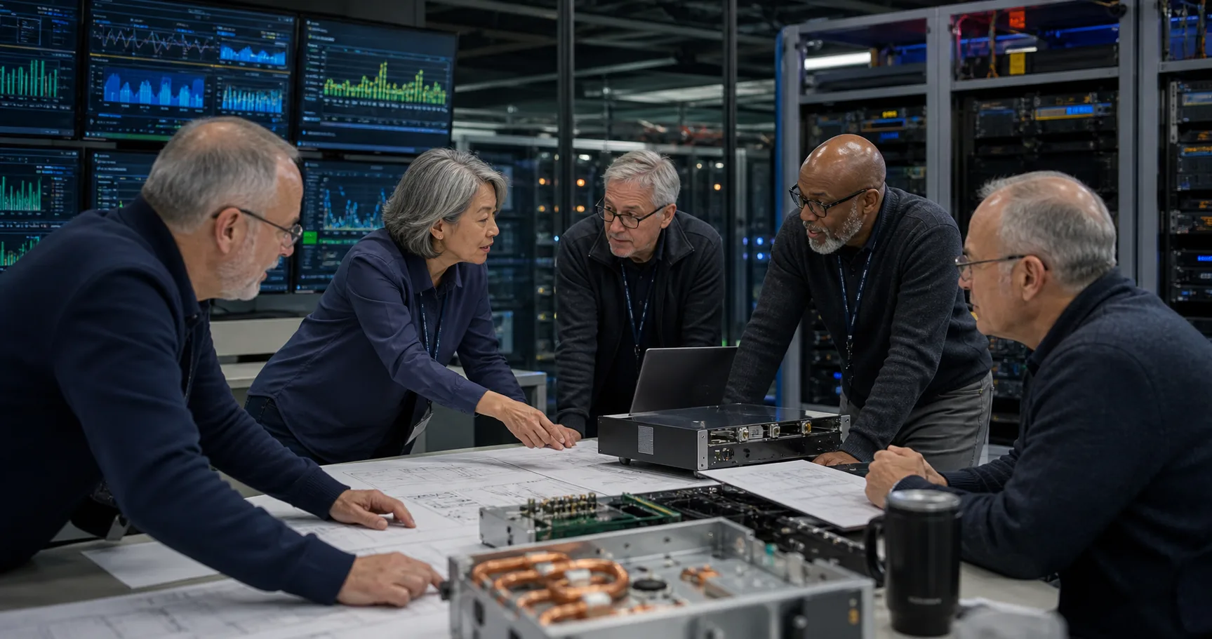 Senior infrastructure experts discussing technical research