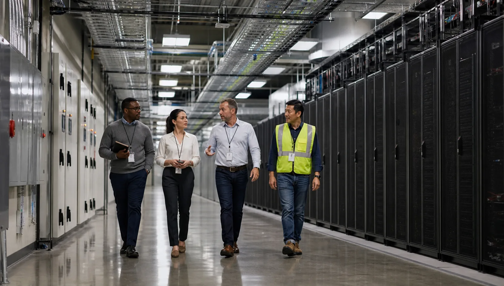 Integrated data center delivery team walking a completed facility