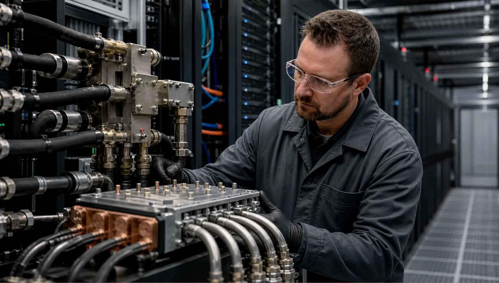 Mechanical engineer inspecting direct-to-chip liquid cooling equipment