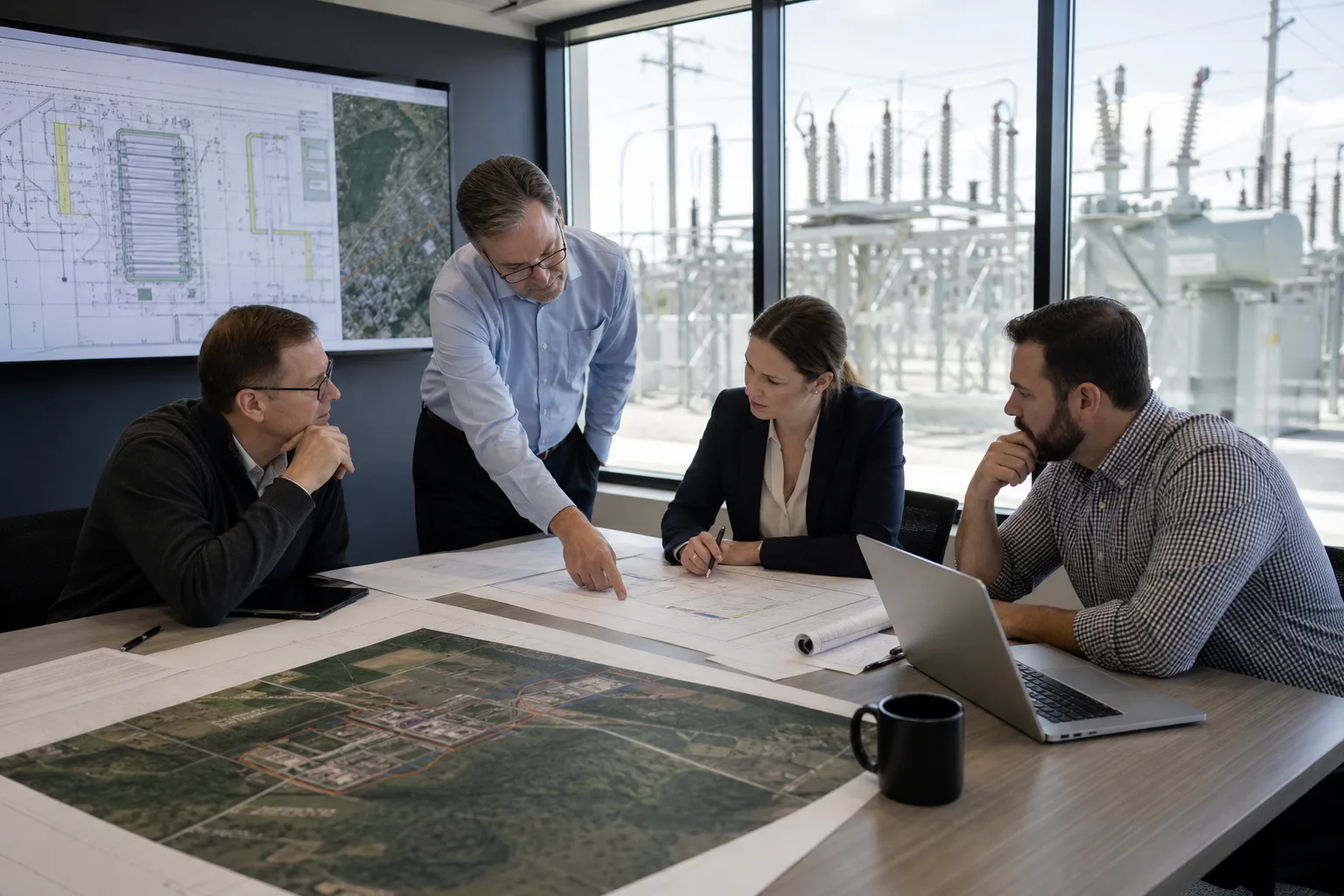 Infrastructure specialists reviewing site power and substation capacity plans