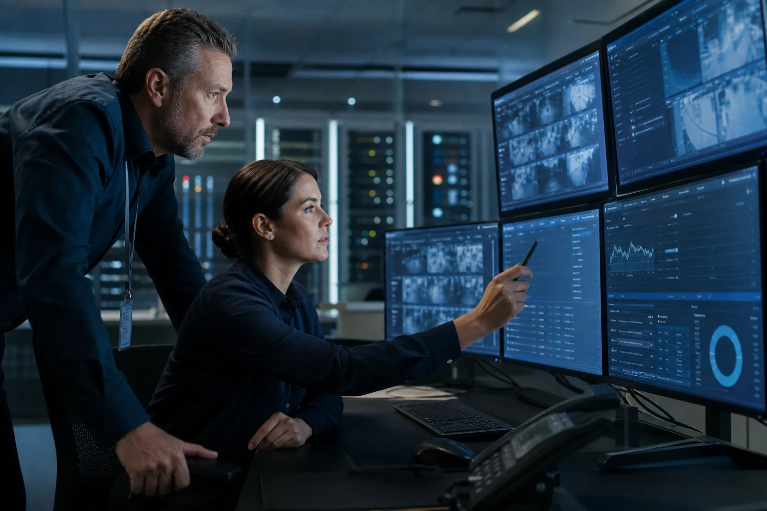Physical and cyber security specialists reviewing correlated alerts